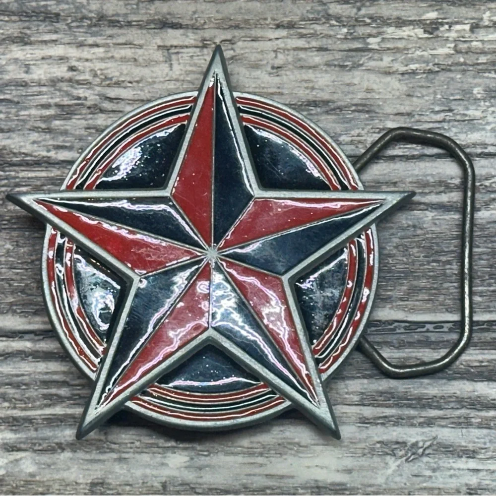 Vintage 2002 Western Star Enamel Belt Buckle Americana Red Blue - GUC